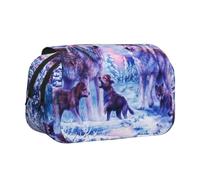 Astuccio portapenne portatile a doppio strato Winter Snow Wolves Family