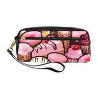 Astuccio portapenne rosa con torta di ciliegie e gelato, in pelle PU, con cerniera, per ragazzi e ragazze, per scuola e ufficio