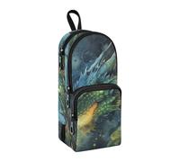 Astuccio portapenne verde blu con drago sputato fuoco, grande capacità, con scomparto per studenti, a forma di zainetto, organizer per cancelleria per scuola, ufficio, lavoro, Drago Verde Blu Sputare