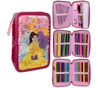 Astuccio Principesse Disney con paillettes reversibili 3 zip per la scuola completo 44 pezzi di cancelleria pennarelli giotto accessorio per bambini e ragazzi
