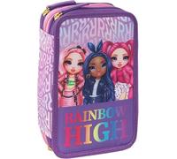 Astuccio Rainbow High Viola Scuola Elementare Triplo, Astuccio Portapenne e Portamatite Pieno con 18 Matite Colorate, 18 Pennarelli e Set Cancelleria + omaggio portachiave pailettes e penna colorata