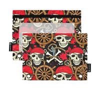 Astuccio rosa per raccoglitori a 3 anelli, motivo: teschi pirati nautici, rosso e nero, con cerniera, tasche trasparenti, 24,9 x 18 cm, 2 confezioni