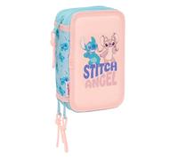 Astuccio Safta Stitch Ohana a 3 scomparti - 37 pezzi - 13 l - Gomma - Matite - Penne - Temperamatite - Righelli - 16 colori - 14 pennarelli - 125x55x195 mm - Rosa pastello