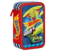 Astuccio Scuola 3 Scomparti Bambino Macchine con Colori Giotto, Astuccio Triplo Tre Cerniere Zip Pieno 44 pezzi Wheels, Scuola Elementare, Blu
