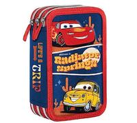 bgn Astuccio Scuola 3 Scomparti CARS Bambino colori GIOTTO, Astuccio Triplo Tre 3 Cerniere Zip Pieno, 44 pezzi Materiale Scolastico, Saetta Mcqueen, Blu