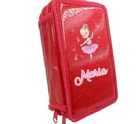 Astuccio Scuola 3 Zip Completo di 33 Pezzi con nome Bambina Ballerina Astuccio portatutto Portapastelli Colorato Completo di Penne Pastelli Pennarelli Righello Temperino Gomma Taccuino