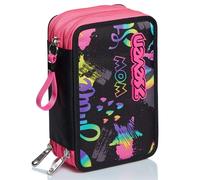 Astuccio Scuola 3 Zip Nero Fucsia Iridescent Portapenne Triplo Scomparto
