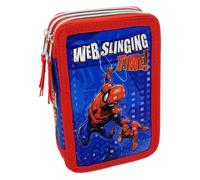 Astuccio con tre cerniere e tre scomparti di spiderman, in robusto poliestere, completo di cancelleria, 18 pennarelli file giotto e 18 matite colorate
