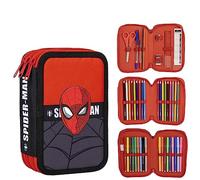 Astuccio Scuola con Accessori di Spiderman - Colore Rosso e Nero - 12,5x6,5x18,5 cm - Fabbricato in Poliestere - Astuccio 3 Scomparti con Chiusura a Cerniera - Prodotto Originale Elaborato in Spagna