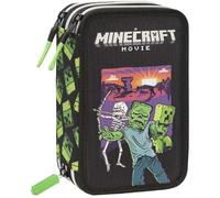 Astuccio Scuola Elementare compatibile con Minecraft Movie Triplo scomparto, Portapenne e Portamatite Pieno con 18 Matite Colorate, 18 Pennarelli + omaggio portachiavi fischietto e penna colorata