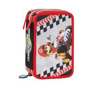 MARIO KART - Astuccio Scuola Ufficiale Mario Kart, Astuccio 3 Scomparti con Set Cancelleria Incluso, Penna Cancellabile Blu, 5 Etichette Adesive, Pratica Chiusura a Zip, 20x13Hx7 cm