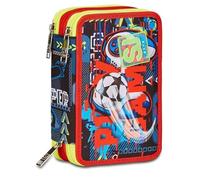 Astuccio Scuola Seven Funnygoal Calcio 3 piani zip completo + portachiave calcio 3D e doppio set colori + Ricambio 12 pastelli e 12 pennarelli