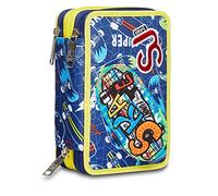Astuccio Scuola SJ 3 Scomparti - Funny Adventure Boy Bambino - Completo di Matite, Pennarelli - Blu con Flip System