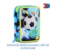 SJ GANG STYLE JAM GANG Astuccio Scuola 3 Zip 3D GLOWGAME, Blu, Triplo Scomparto, Scocca con pallone da calcio in rilievo, Portapenne Attrezzato, 45 pezzi, Accessori Zaino, Scuola elementare, Bambino