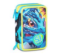 SJ GANG STYLE JAM GANG Astuccio Scuola 3 Zip METAL DRAGON BOY, Celeste, Triplo Scomparto, 45 pezzi, Set cancelleria incluso, Pratica chiusura con zip, Scuola elementare, Bambino