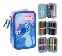 Astuccio Stitch Disney 3 Zip Corredato con 18 Pastelli 18 Pennarelli Giotto Turbo Color Penne e Accessori Scuola Triplo Scomparto per Bambini