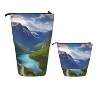 Astuccio telescopico con stampa di fiordi norvegesi, astuccio in piedi per cancelleria da ufficio, astuccio pop-up per matite retrattile, astuccio per matite per lavoro, Nero , Taglia unica