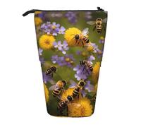Astuccio telescopico con stampa rurale di api e fiori selvatici, in piedi, per cancelleria, trucchi, custodia, Nero , Taglia unica