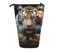 Astuccio telescopico con tigre che si alza in piedi, astuccio portatile per matite pop up, borsa per il trucco per regalo di festa, Tigre e Fiori, Taglia unica