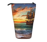 Astuccio telescopico Durevole Tramonto Nave pirata Astuccio in piedi per cancelleria per ufficio Astuccio per matite Astuccio per matite pop-up Stand Up Astuccio per matita per lavoro Regalo di vaca