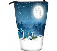 Astuccio telescopico per cancelleria per la notte di Natale, per penne, con chiusura a cerniera, per donne, uomini, ragazzi, ragazze, scatole regalo e palline nella neve, stelle, luna luminosa