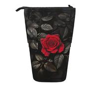 Astuccio telescopico per matite con stampa di rose rosse e foglie nere, borsa per cancelleria, trousse per trucchi, custodia per riporre oggetti, Nero , Taglia unica