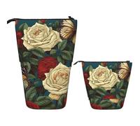 Astuccio telescopico per matite pop-up carino portapenne telescopico con foglie di tempio giungla in piedi, Rose e farfalle vintage, Taglia unica, Astuccio per trucchi