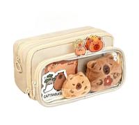 Astuccio Trasparente Fai-da-te Staccabile per Bambini con Grande Capacità a Doppio Strato, Borsa per Cancelleria per Ragazzi e Ragazze,Beige