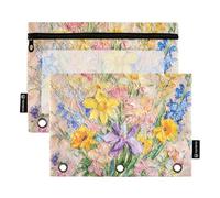Astuccio trasparente per matite con fiori primaverili, narciso, iris, girasole, fard, per raccoglitore, con tre anelli, per la scuola
