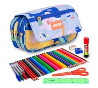 Astuccio Triplo Milan Blue Odyssey con Materiale Scolastico, 4 Cerniere Incluso