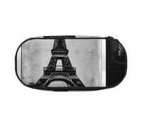 Astuccio unisex con stampa della Torre Eiffel del caffè parigino, design compatto per matite, piccoli oggetti, cerniera a doppia testa, Nero , Taglia unica, Astuccio per trucchi