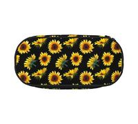 Astuccio unisex con stampa di girasole e fiori in fiore e piante, stampa nera e gialla, design compatto per matite, piccoli oggetti, cerniera a doppia testa, Nero , Taglia unica, Astuccio per trucchi