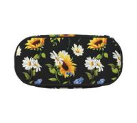 Astuccio unisex con stampa di girasoli e camomilla, design compatto per matite, piccoli oggetti, cerniera a doppia testa, Nero , Taglia unica, Astuccio per trucchi