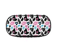 Astuccio unisex in pelle di mucca con cuori moo love stampa - Design compatto per matite, piccoli oggetti - cerniera a doppia testa, Nero , Taglia unica, Astuccio per trucchi