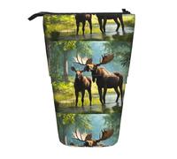 Astuccio verticale retrattile, motivo: cervo e orso, astuccio per trucchi, per penne, matite e piccoli oggetti, Nero , Taglia unica, Astuccio per trucchi