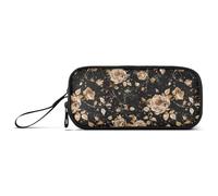 Astuccio vintage con motivo floreale in oro rosa su uno sfondo nero, in nylon, grande cerniera, ad alta capacità, con cerniera, organizer per cancelleria per adolescenti elementari