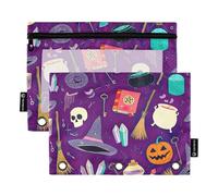 Astuccio viola magico a tema stregoneria con 3 anelli raccoglitore per penne e matite con cerniera lavoro trasparente portapenne in tessuto scolastico 24,9 x 18 cm, 2 confezioni