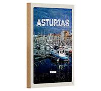 Asturias - Poster in legno, motivo portuale marittimo, souvenir spagnolo, 12 cm x 18 cm