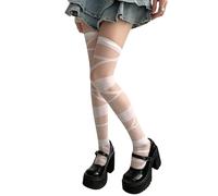 Asukohu Calze alte in seta pura con croci modello fasciatura per le donne giapponesi vedere attraverso sottili sopra il ginocchio calzini lunghi calzini da donna alla moda, bianco, Taglia unica