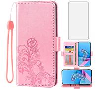 Asuwish Compatibile con Asus ZenFone 7/7 Pro/8 Flip 5G Custodia a portafoglio e protezione dello schermo in vetro temperato Flip cinturino da polso Titolare della carta di credito Stand Copertura del telefono cellulare per ZS670KS ZS671KS ZS672KS Oro rosa
