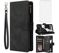 Asuwish Compatibile con Google Pixel 7 5G Custodia a portafoglio in vetro temperato Protezione dello schermo e Custodia in pelle Flip Cover Porta carte Stand Accessori Cellulari Custodie per Pixel7 Pixle Seven 6.3 Donne Uomini Nero