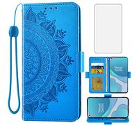 Asuwish Compatibile con OnePlus 8T OnePlus8T Plus 9R 5G Custodia a portafoglio e vetro temperato Screen Protector Flip Cell Phone Cover per One Plus8T5G On + 1 Plus 8Tplus 1plus 8T+ One+ T8 1+ 1+8T Pro G5 Blu