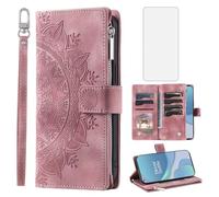 Asuwish Custodia a portafoglio per OnePlus 8T OnePlus8T Plus 9R 5G con pellicola protettiva e fiore mandala flip cerniera porta carte cellulare 8T+ Plus T8 KB2003 custodia oro rosa