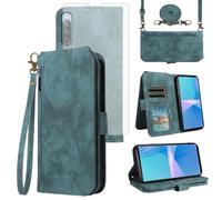 Asuwish Custodia a portafoglio per Sony Xperia 10 III 3 / Xperia10III 5G, con pellicola proteggi schermo in vetro temperato, tracolla con laccetto, porta carte di credito Experia 10III 5G XQ-BT52