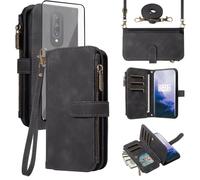 Asuwish Custodia per cellulare OnePlus 7 Pro con cerniera e pellicola protettiva in vetro temperato con tracolla porta carte OnePlus7Pro 5G One Plus 1+7 1Plus OnePlus7 7Pro One+ 1 + Seven, colore nero