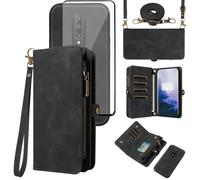 Asuwish Custodia per cellulare per OnePlus 7 Pro, con cerniera, con pellicola proteggi schermo in vetro temperato, cinturino per carte di credito OnePlus7Pro 5G One Plus 1+7 1Plus OnePlus7 7Pro One+ 1