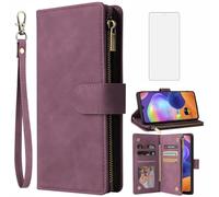 Asuwish Custodia per Samsung Galaxy A31, con pellicola protettiva e scomparto per carte di credito, pieghevole, in pelle, con supporto A 31, con chiusura lampo, colore: rosso scuro