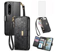 Asuwish Custodia per Sony Xperia 1 IV 2022 Custodia a portafoglio con pellicola protettiva in vetro temperato e slot per carte di credito con cerniera cinturino da polso Flip Hybrid Cell Accessories