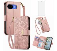Asuwish Custodia per telefono per Google Pixel 10A Custodia a portafoglio con pellicola protettiva in vetro temperato e slot per carte di credito Cerniera Cinturino da polso Stand Flip Hybrid Cell