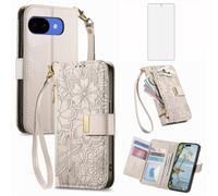 Asuwish Custodia per telefono per Google Pixel 10A Custodia a portafoglio con pellicola protettiva in vetro temperato e slot per carte di credito Cerniera Cinturino da polso Stand Flip Hybrid Cell
